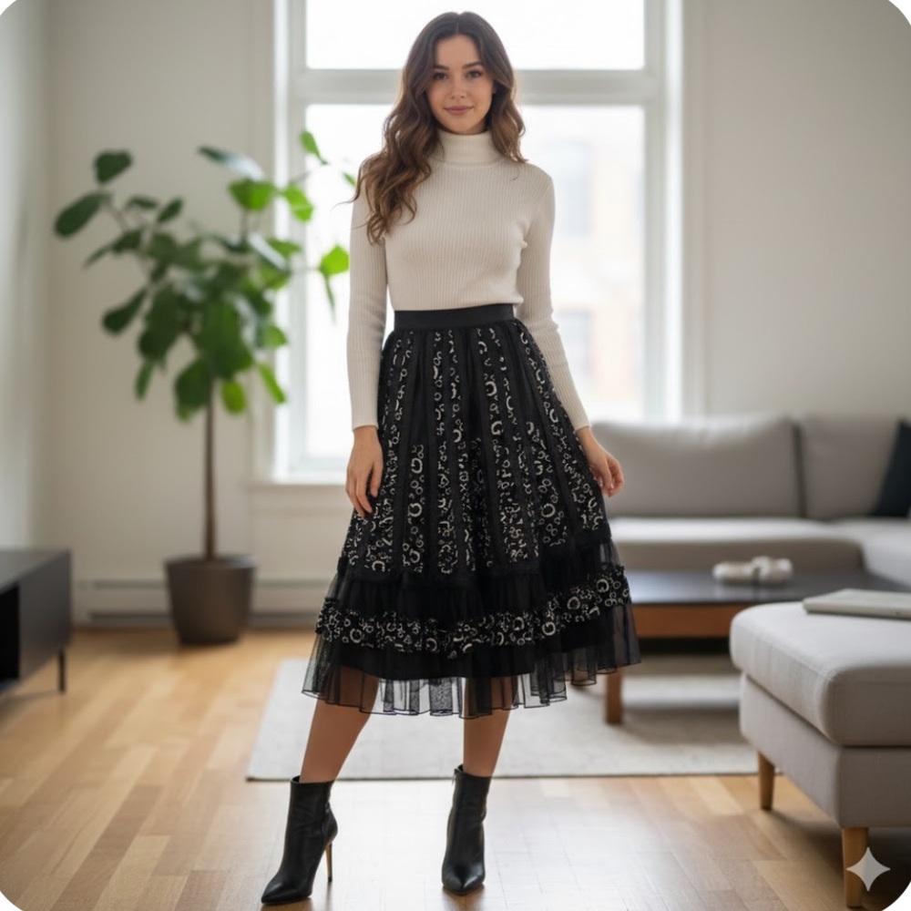 Vintage Black Ruffled Midi Skirt - Picture 2 of 10